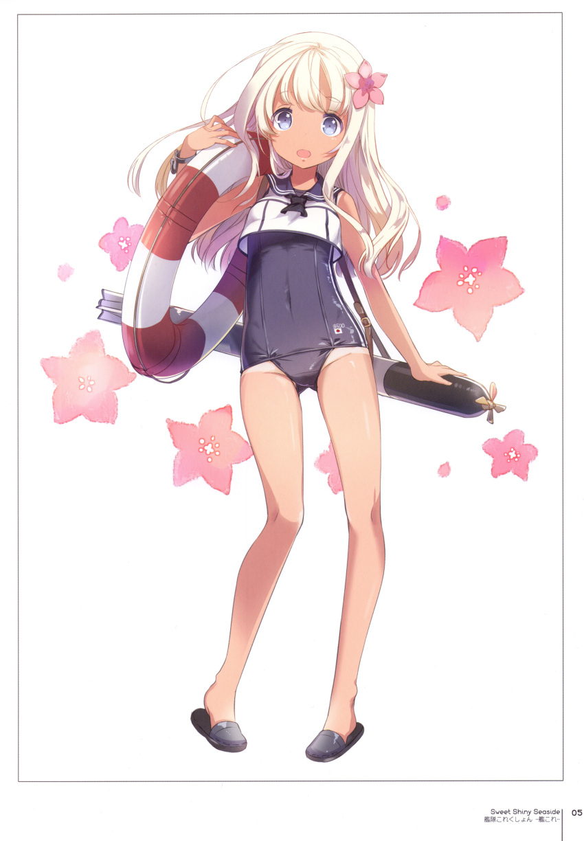 1girl absurdres blonde_hair blue_eyes blush crop_top flower full_body h2so4 hair_flower hair_ornament highres kantai_collection lifebuoy long_hair looking_at_viewer one-piece_swimsuit open_mouth ro-500_(kantai_collection) sailor_collar scan school_swimsuit school_uniform serafuku simple_background slippers solo standing swimsuit swimsuit_under_clothes tan tanline torpedo white_background