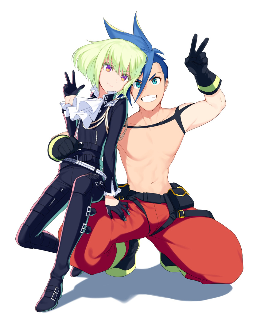 2boys absurdres androgynous aqua_eyes belt belt_buckle black_gloves black_jacket black_pants blue_hair buckle burrrntlemon chest closed_mouth galo_thymos gloves green_hair grin highres jacket lio_fotia looking_at_viewer male_focus multiple_boys pants pectorals pose promare red_pants simple_background smile squatting v violet_eyes w white_background
