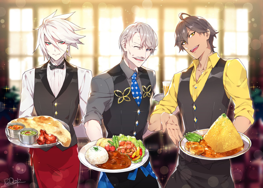3boys ahoge alternate_costume alternate_hairstyle arm_behind_back bangs blue_eyes blue_neckwear bow bowtie brown_hair butler collared_shirt cowboy_shot cup dark_skin dark_skinned_male drinking_glass eyeshadow facial_hair fate/apocrypha fate/grand_order fate/prototype fate/prototype:_fragments_of_blue_and_silver fate_(series) formal hair_between_eyes highres incoming_food james_moriarty_(fate/grand_order) karna_(fate) looking_at_viewer makeup male_focus multiple_boys mustache old_man one_eye_closed open_mouth ozymandias_(fate) pale_skin pants partially_unbuttoned pyramid red_pants redrop shirt silver_hair sleeves_rolled_up smile sparkle tray vest white_hair yellow_eyes yellow_shirt