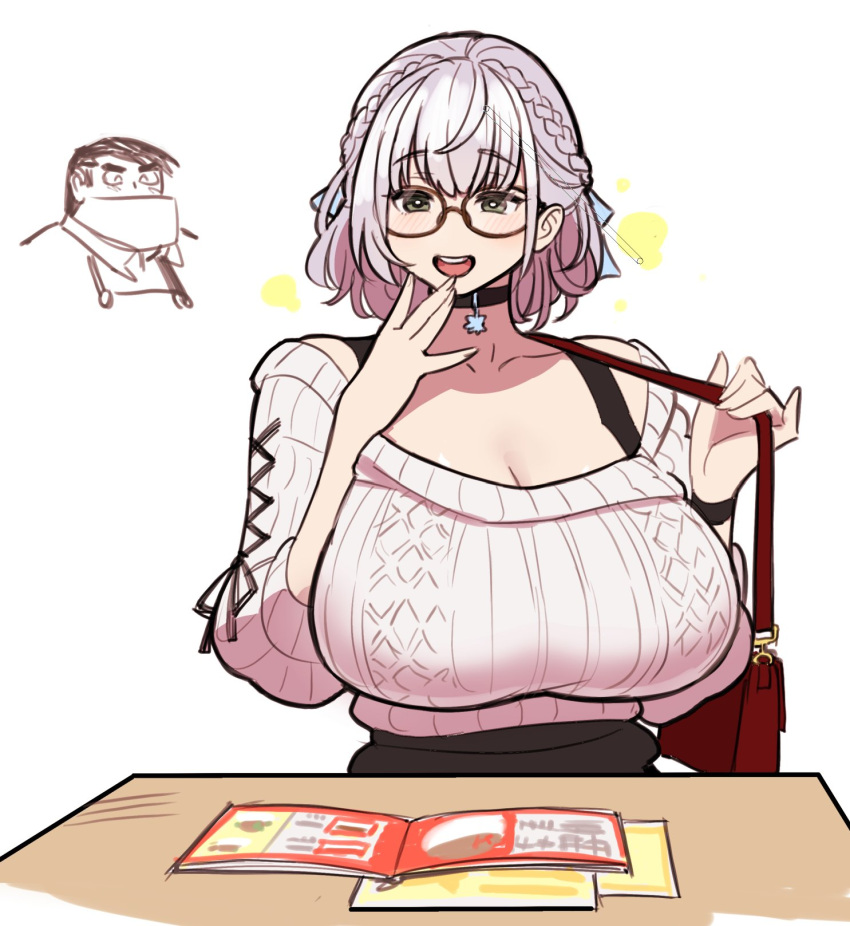 1girl alternate_costume araiwa_kazumi bag black_choker braid breasts choker commentary_request cooking_papa error glasses green_eyes hand_to_own_mouth handbag highres hololive huge_breasts medium_hair open_mouth satousatotototo shirogane_noel silver_hair solo sweater virtual_youtuber