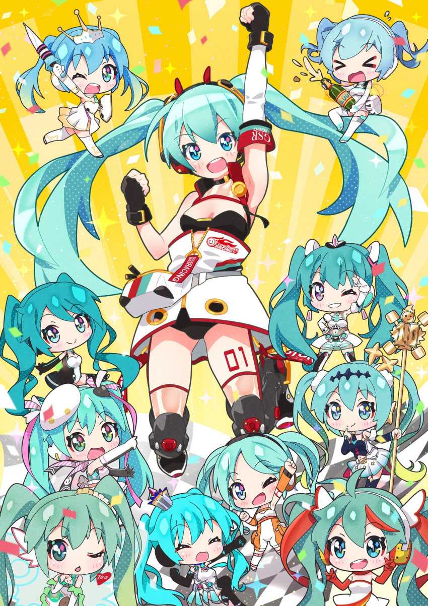 1girl aqua_eyes aqua_hair bare_shoulders boots breasts elbow_gloves eyebrows_visible_through_hair full_body fuusen_neko gloves goodsmile_racing hatsune_miku headphones headset highres long_hair looking_at_viewer multiple_views open_mouth racequeen racing_miku skirt small_breasts smile tagme thigh-highs thigh_boots twintails very_long_hair vocaloid