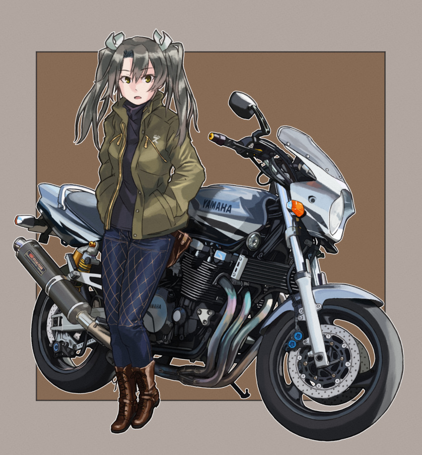 1girl alternate_costume black_sweater boots brown_footwear casual cross-laced_footwear dark_green_hair denim full_body green_eyes green_jacket ground_vehicle hands_in_pockets highres jacket jeans kantai_collection lace-up_boots long_hair looking_at_viewer motor_vehicle motorcycle pants solo sweater toriny turtleneck turtleneck_sweater twintails yamaha_xjr1300 zuikaku_(kantai_collection)