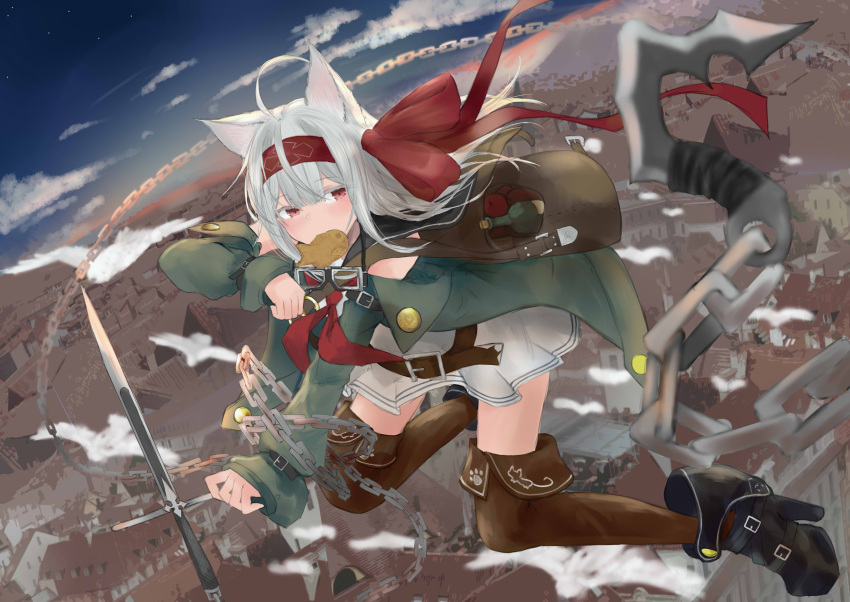 1girl absurdres agehachou_tsukushi ahoge animal_ears belt blurry_foreground boots cat_ears chain city food goggles goggles_around_neck headband high_heel_boots high_heels highres knife long_coat long_hair looking_at_viewer mouth_hold original outdoors pleated_skirt red_eyes shirt silver_hair skirt solo taiyaki thigh-highs wagashi weapon