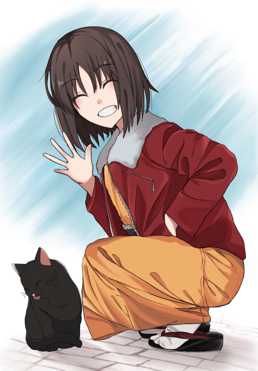 1girl ^_^ absurdres black_cat brick_road brown_hair cat closed_eyes fur-trimmed_jacket fur_trim hand_in_pocket highres jacket japanese_clothes kara_no_kyoukai kimono obi pikaremon red_jacket ryougi_shiki sandals sash short_hair smile socks solo squatting teeth type-moon wavy_hair yellow_kimono