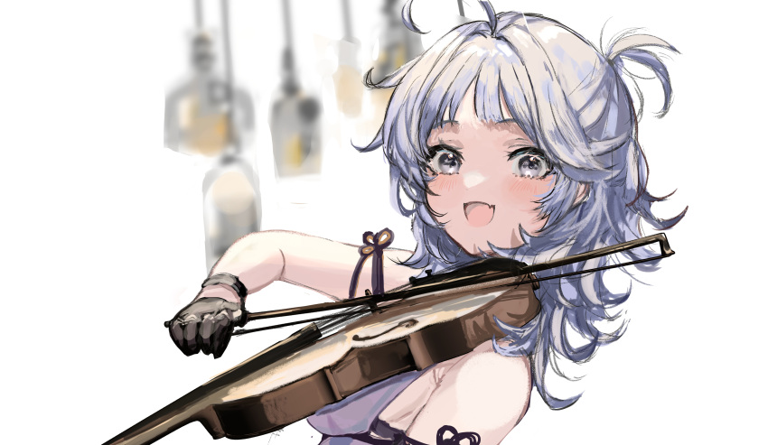 1girl absurdres ahoge azur_lane bangs black_gloves blush dress fang gloves grey_eyes highres instrument maria_(syake-uni) medium_hair music open_mouth playing_instrument purple_dress seattle_(azur_lane) seattle_(gorgeous_party)_(azur_lane) silver_hair simple_background skin_fang solo violin white_background