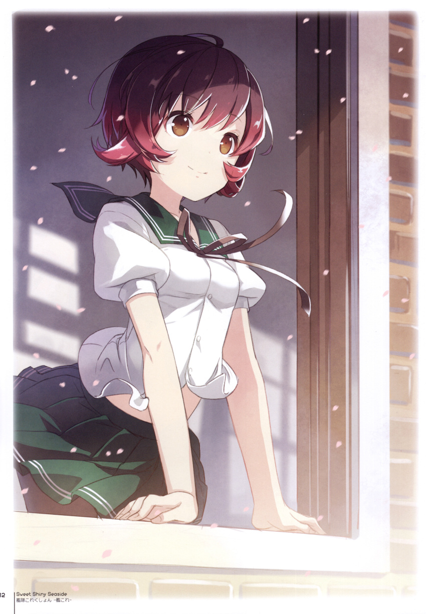 1girl absurdres black_legwear breasts brown_eyes buttons closed_mouth from_outside green_skirt h2so4 highres kantai_collection mutsuki_(kantai_collection) pantyhose pleated_skirt puffy_short_sleeves puffy_sleeves sailor_collar scan school_uniform serafuku short_hair short_sleeves skirt small_breasts smile solo window