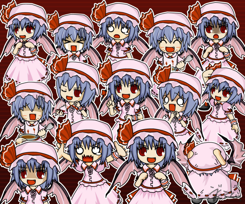 angry cowering crying dress hands_together hat hat_ribbon mob_cap multiple_girls pink_dress pointing pose red_background remilia_scarlet ribbon scared spork tears touhou uda_tetla vampire
