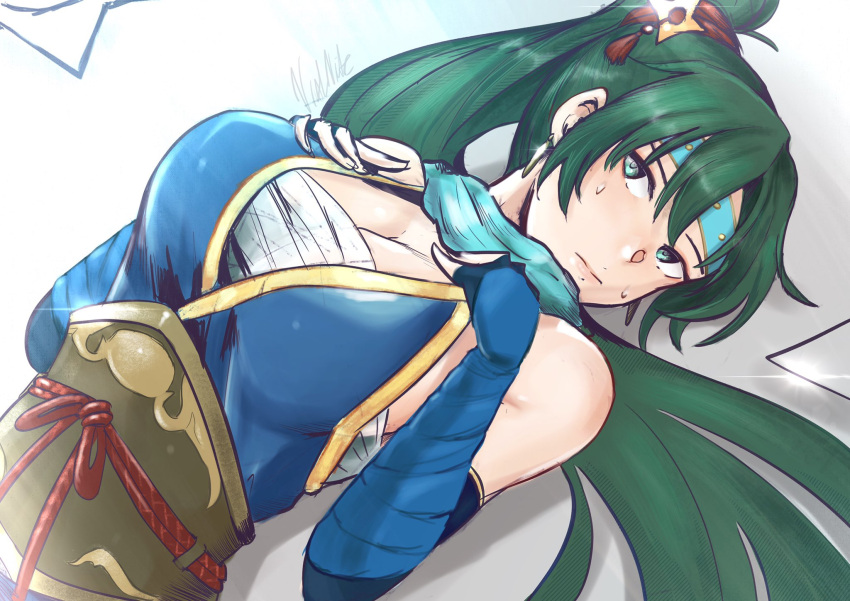 1girl bangs bare_shoulders blue_dress breasts detached_sleeves dress earrings english_commentary fingerless_gloves fire_emblem fire_emblem:_the_blazing_blade gloves gold_trim green_eyes green_hair hair_ornament headband high_ponytail highres jewelry large_breasts lens_flare long_hair looking_up lying lyn_(fire_emblem) on_back ponytail sarashi scarf sidelocks signature solo sweatdrop upper_body vialnite