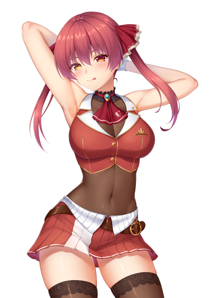 1girl :p armpits arms_behind_head ascot bangs bare_shoulders blush bodystocking breasts brown_legwear brown_leotard contrapposto covered_navel cowboy_shot crop_top embroidery eyebrows_visible_through_hair gold_trim hair_between_eyes heterochromia highres hololive houshou_marine large_breasts leotard long_hair looking_at_viewer midriff miniskirt pirate pleated_skirt red_eyes red_skirt red_vest redhead see-through simple_background skindentation skirt sleeveless solo thigh-highs tongue tongue_out twintails two-tone_skirt vest virtual_youtuber white_background yellow_eyes zettai_ryouiki zipper_pull_tab zuizhong