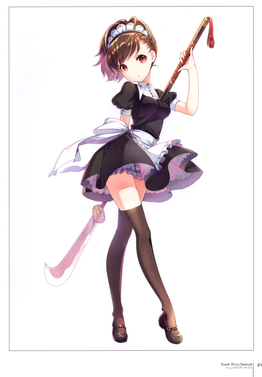 1girl :o absurdres alternate_costume apron arms_behind_back bangs black_legwear bloomers breasts brown_hair buttons collar dress enmaided expressionless frilled_apron frills h2so4 hair_ornament hairband hairpin head_tilt highres holding holding_weapon lace lace-trimmed_dress lace_trim lance maid maid_headdress naginata parted_lips persona persona_3 persona_3_portable polearm ponytail puffy_short_sleeves puffy_sleeves red_eyes scan shiomi_kotone short_hair short_sleeves simple_background small_breasts solo swept_bangs tareme thigh-highs underwear waist_apron weapon