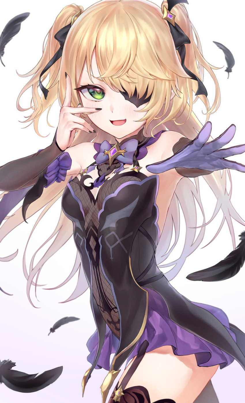 1girl absurdres bangs bare_shoulders blonde_hair blush bodystocking bow breasts chuunibyou eyepatch feathers fischl_(genshin_impact) garter_straps genshin_impact gloves green_eyes hair_over_one_eye highres long_hair looking_at_viewer monegi open_mouth purple_bow purple_neckwear single_glove single_leg_pantyhose single_thighhigh small_breasts smile solo thigh-highs thighs two_side_up vision_(genshin_impact)