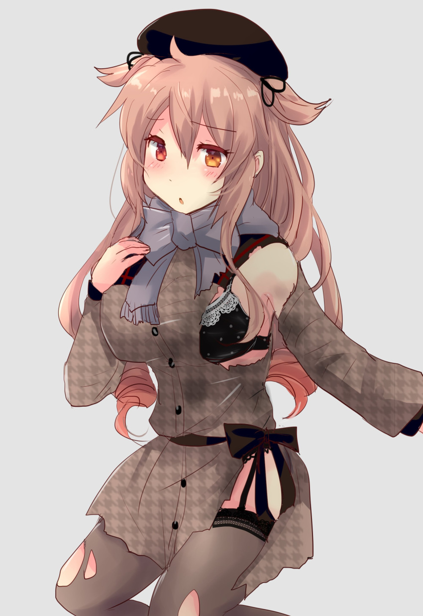 1girl absurdres beret black_bra black_headwear black_legwear bra breasts brown_coat coat commentary_request gradient_hair grey_background grey_scarf hat heterochromia highres hirune_(konekonelkk) kantai_collection large_breasts light_brown_hair long_hair multicolored_hair murasame_(kantai_collection) pantyhose red_eyes remodel_(kantai_collection) scarf simple_background solo torn_clothes two_side_up underwear unmoving_pattern winter_clothes