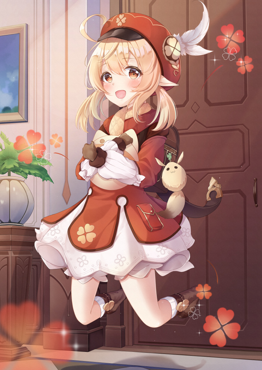 1girl :d absurdres ahoge backpack bag bangs blonde_hair brown_gloves cabbie_hat crossed_arms doore dress flower_(symbol) genshin_impact gloves hair_between_eyes hat hat_feather highres holding huge_filesize jumping klee_(genshin_impact) knees_up long_hair long_sleeves looking_at_viewer low_twintails nayuuchan open_mouth picture_(object) picture_frame plant pointy_ears potted_plant red_dress red_eyes red_headwear smile solo twintails