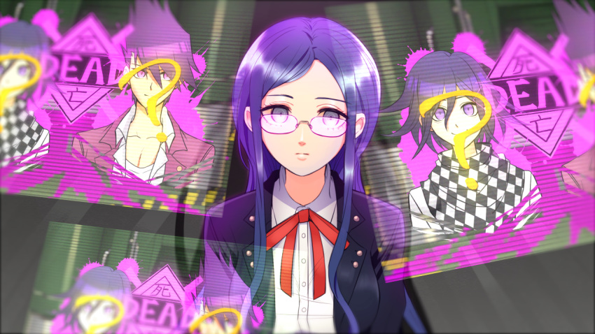 1girl ? bangs black_jacket blue_eyes blue_hair checkered checkered_scarf closed_mouth collared_shirt commentary dangan_ronpa glasses jacket long_hair long_sleeves looking_at_viewer momota_kaito monitor multiple_views nagi_to_(kennkenn) new_dangan_ronpa_v3 ouma_kokichi pants parted_bangs pink_jacket pink_pants purple_hair red_ribbon ribbon scarf school_uniform shirogane_tsumugi shirt short_hair smile solo_focus spoilers upper_body white_jacket white_pants white_shirt