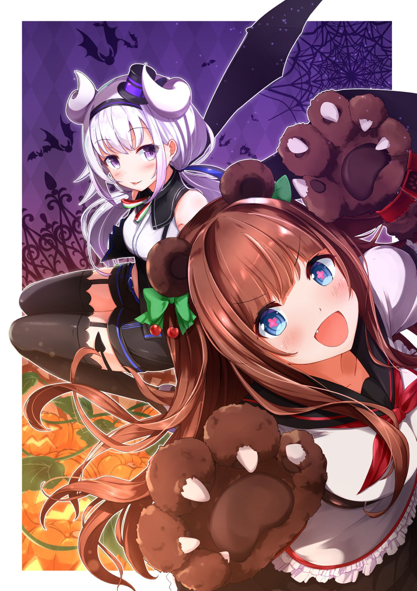 .live 2girls animal_ears bear_ears black_legwear blue_eyes brown_hair carro_pino commentary_request demon_horns demon_tail fake_animal_ears fang halloween headband highres horns jack-o'-lantern kakyouin_chieri looking_at_viewer low_twintails multiple_girls namae_hamada open_mouth paws purple_hair school_uniform tail thigh-highs tongue tongue_out twintails violet_eyes virtual_youtuber