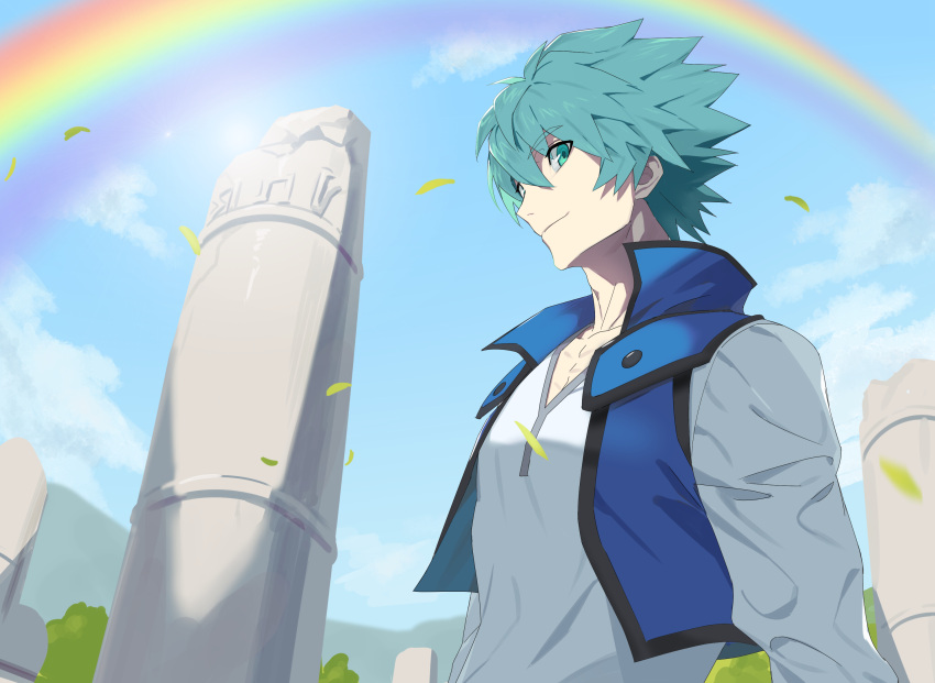 1boy blue_sky broken clouds eyebrows_visible_through_hair green_eyes green_hair hico highres johan_andersen leaf looking_at_viewer male_focus mountain outdoors pillar rainbow sky smile solo tree upper_body wind yu-gi-oh! yu-gi-oh!_gx