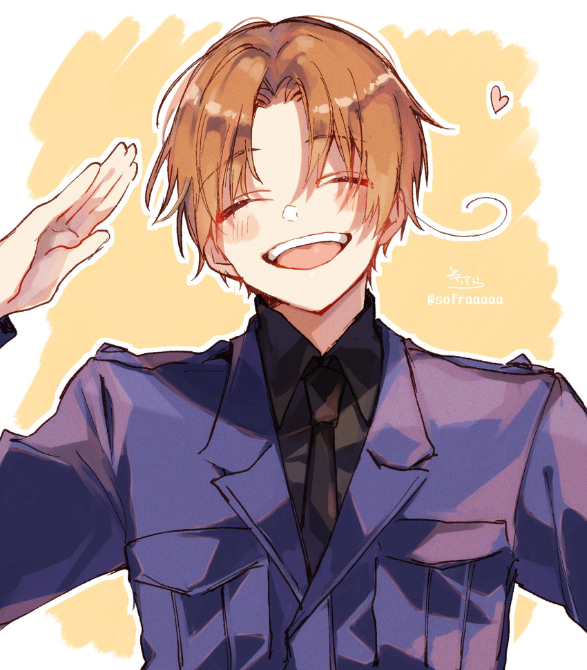 1boy :d ^_^ axis_powers_hetalia black_neckwear black_shirt blue_jacket blush brown_background brown_hair closed_eyes collared_shirt commentary facing_viewer hand_up heart highres jacket long_sleeves male_focus necktie northern_italy_(hetalia) open_mouth outline shirt signature smile sofra solo twitter_username two-tone_background upper_body upper_teeth white_background white_outline