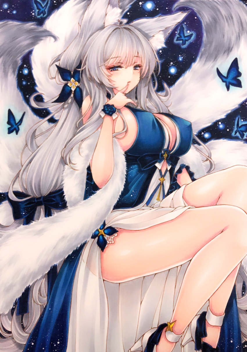 1girl animal_ear_fluff animal_ears ass azur_lane blue_butterfly blue_collar blue_dress blue_flower breasts center_opening collar covered_nipples dress evening_gown eyebrows_visible_through_hair feather_boa finger_to_mouth floating flower fox_ears fox_girl halter_dress high_heels highres kitsune kyuubi large_tail long_hair looking_at_viewer low-tied_long_hair mktr_(princess_mktr) multiple_tails shinano_(azur_lane) shinano_(light_of_the_hazy_moon)_(azur_lane) sideboob sleeveless sleeveless_dress solo tail traditional_media very_long_hair white_footwear white_hair white_tail wrist_flower