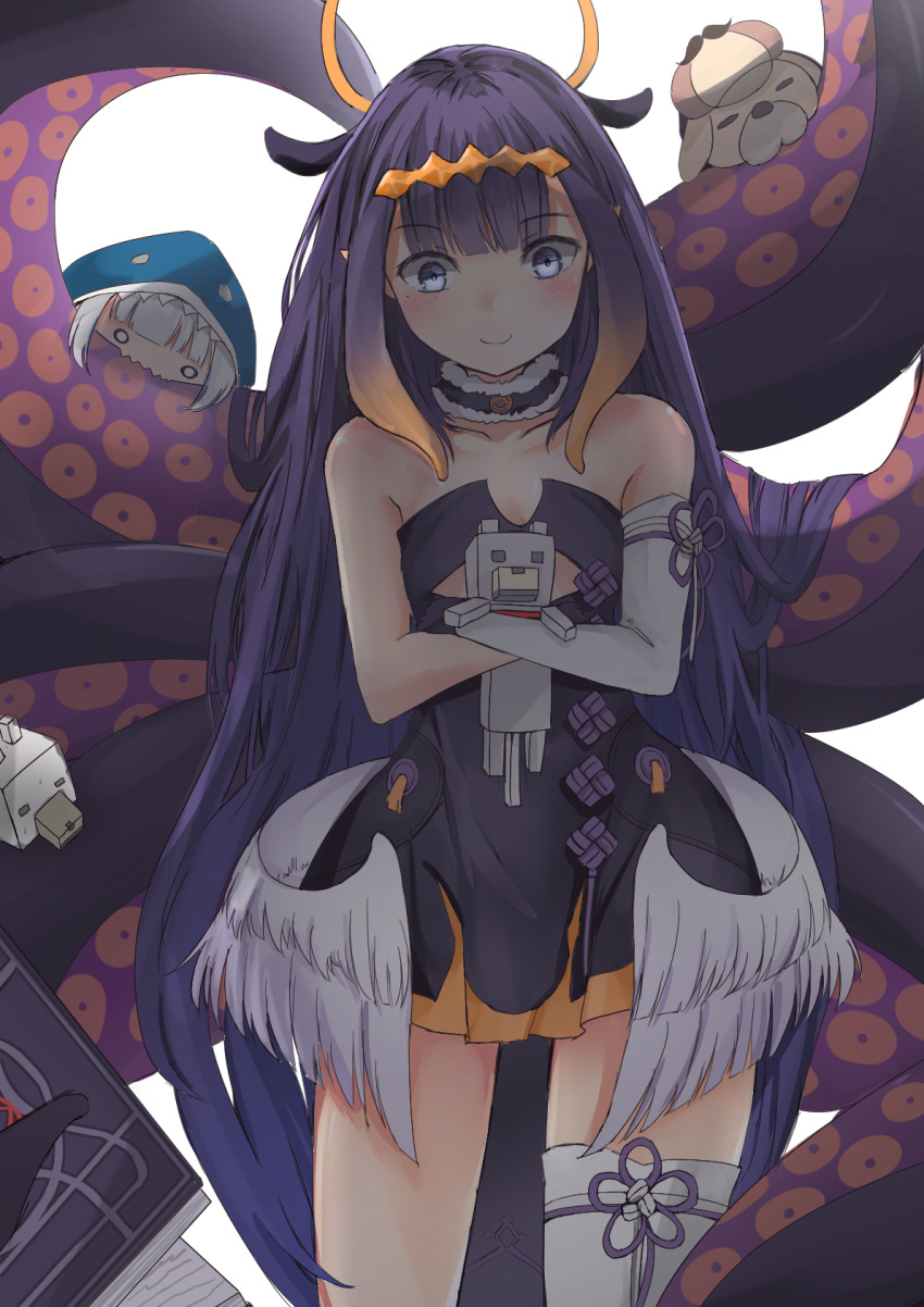 2girls animal bangs blush bubba_(watson_amelia) chibi chicken_(minecraft) gawr_gura halo highres holding holding_animal hololive hololive_english long_hair looking_down minecraft mole mole_under_eye multiple_girls ninomae_ina'nis purple_hair rizhi55 solo_focus tentacles very_long_hair violet_eyes virtual_youtuber wolf_(minecraft)