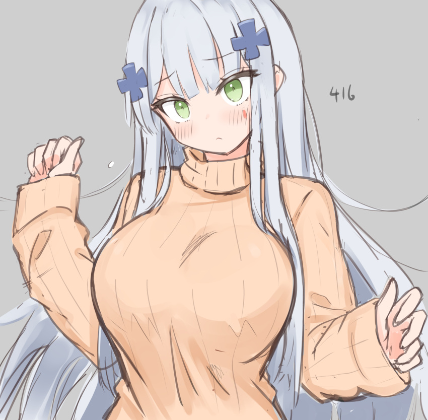 bangs beige_sweater blue_hair blunt_bangs blush breasts character_name closed_mouth embarrassed eyebrows_visible_through_hair girls_frontline green_eyes grey_background hair_ornament head_tilt highres hk416_(girls_frontline) large_breasts light_blue_hair long_hair long_sleeves ribbed_sweater risshu sidelocks simple_background sleeves_past_wrists sweater taut_clothes taut_sweater teardrop_tattoo tsurime turtleneck turtleneck_sweater upper_body very_long_hair x_hair_ornament