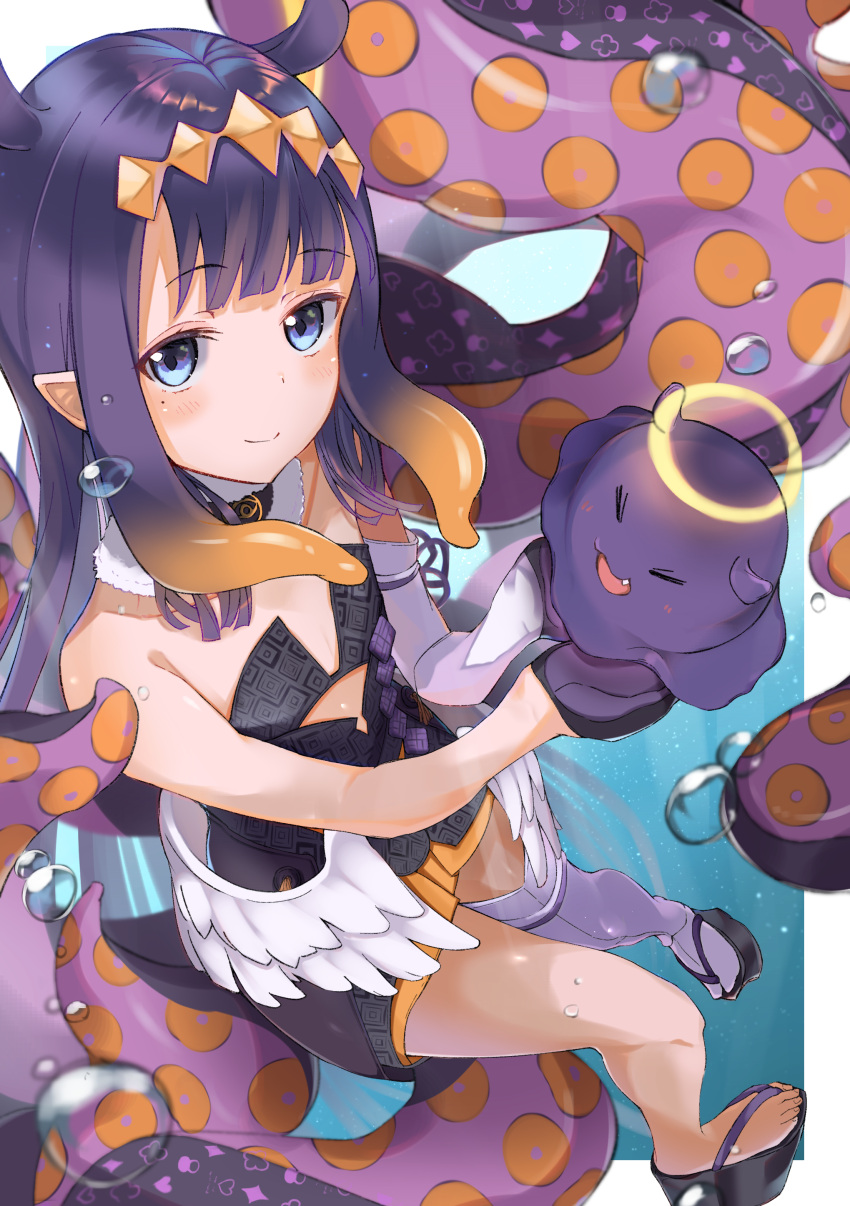 1girl absurdres bangs bare_legs blue_eyes bubble dress eyebrows_visible_through_hair hair_ornament halo highres holding hololive hololive_english long_hair looking_at_viewer m0reno18 mole mole_under_eye necktie ninomae_ina'nis pointy_ears purple_dress smile solo tako_(ninomae_ina'nis) tentacle_hair tentacles thigh-highs tiara underwater virtual_youtuber white_legwear wings