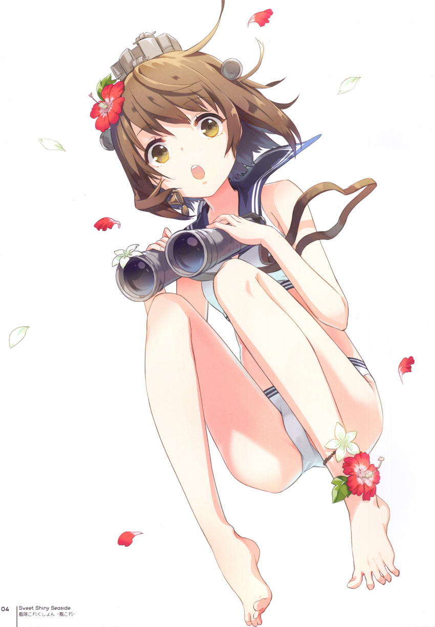 1girl absurdres bangs bare_shoulders barefoot bikini binoculars brown_eyes brown_hair eyebrows_visible_through_hair flower h2so4 hair_flower hair_ornament hibiscus highres holding kantai_collection looking_at_viewer open_mouth page_number petals sailor_collar scan simple_background solo swimsuit thighs toes white_background