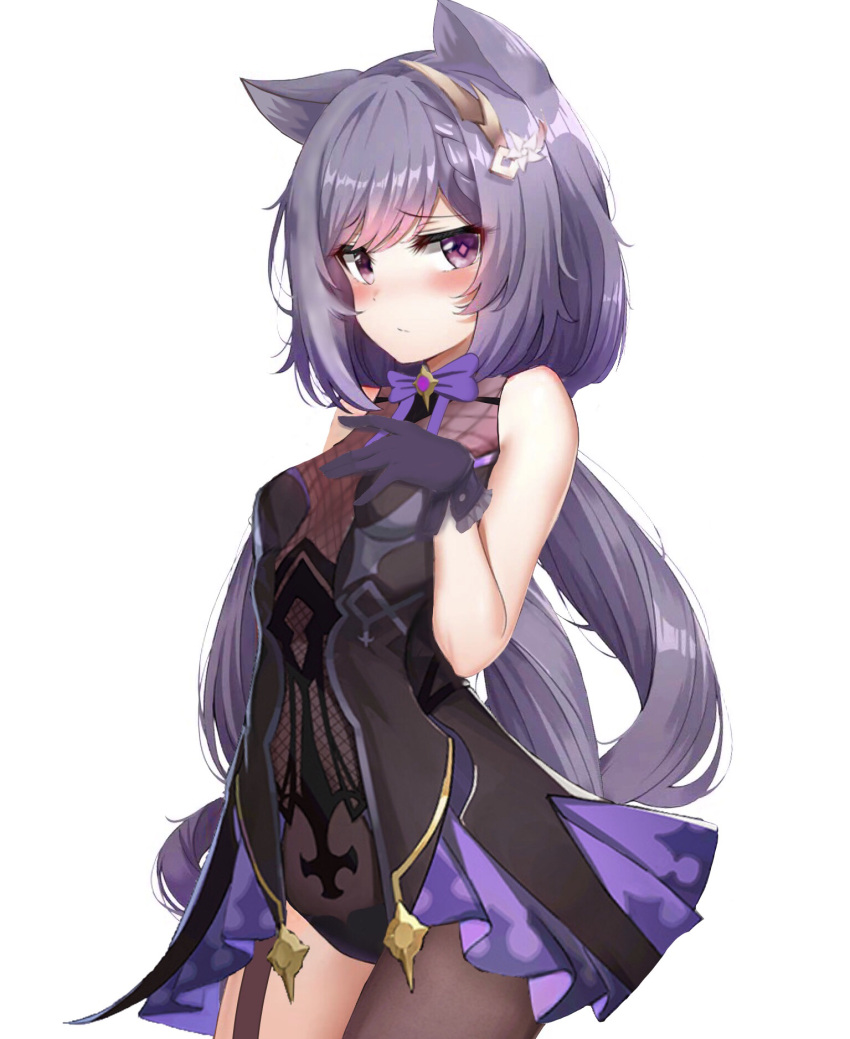 1girl animal_ears black_dress black_legwear blush bodystocking bow braid breasts cat_ears closed_mouth cosplay dress embarrassed eyebrows_visible_through_hair fischl_(genshin_impact) fischl_(genshin_impact)_(cosplay) fishnets genshin_impact hair_ornament hand_on_own_chest highres keqing_(genshin_impact) long_hair looking_at_viewer pid520 purple_bow purple_hair simple_background small_breasts standing violet_eyes white_background