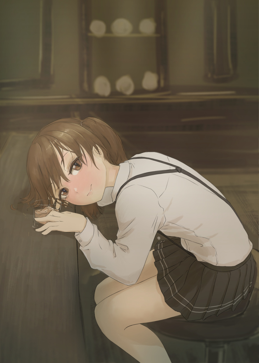 1girl alcohol blush brown_eyes brown_hair drunk head_on_table highres kantai_collection looking_at_viewer nito_(nshtntr) ryuujou_(kantai_collection) sitting smile solo