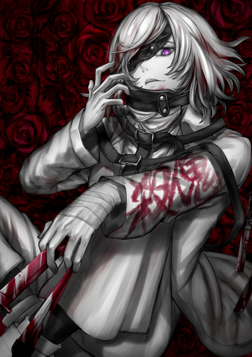 1boy absurdres akudama_drive arm_wrap blood bloody_weapon cutthroat_(akudama_drive) eyepatch highres holding holding_knife knife long_sleeves male_focus nemuritaa pale_skin parted_lips red_background sitting solo violet_eyes weapon white_hair