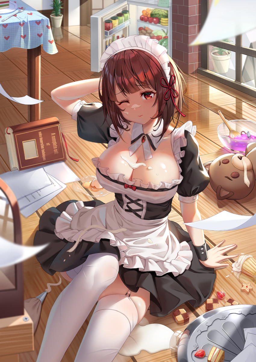 1girl apron arm_support arm_up arms_behind_head bangs black_dress book brown_hair checkerboard_cookie cookie dress du_mogu feet_out_of_frame food food_on_face frilled_apron frills fruit garter_straps highres icing indoors looking_at_viewer maid maid_apron maid_headdress mixing_bowl original plant potted_plant puffy_short_sleeves puffy_sleeves red_eyes refrigerator short_dress short_hair short_sleeves sitting solo strawberry stuffed_animal stuffed_toy table teddy_bear thigh-highs thighs white_apron white_legwear wrist_cuffs