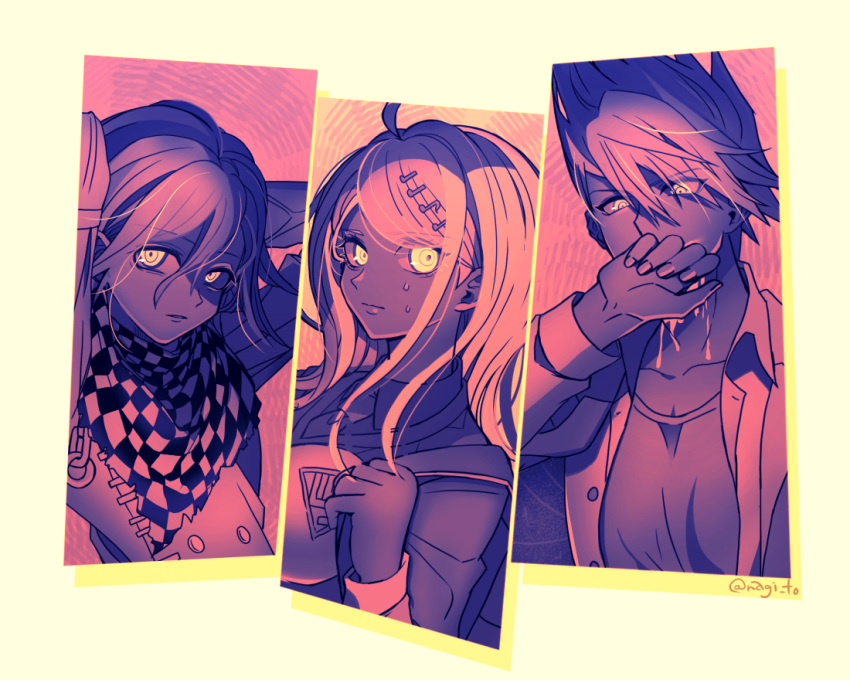 1girl 2boys ahoge akamatsu_kaede artist_name bangs blonde_hair blood blood_from_mouth breasts checkered checkered_scarf collarbone commentary_request covering_mouth dangan_ronpa glowing glowing_eyes hair_between_eyes hair_ornament large_breasts looking_at_viewer momota_kaito multiple_boys musical_note musical_note_hair_ornament nagi_to_(kennkenn) new_dangan_ronpa_v3 open_clothes open_shirt ouma_kokichi pink_background pink_blood pink_eyes scarf sepia shirt spiky_hair spot_color white_background
