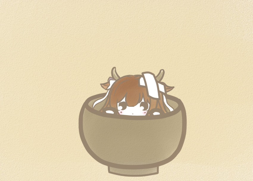 1girl animal_ears azur_lane bandaid bandaid_on_head brown_hair cow_ears cow_girl cow_horns crossed_bandaids cup flower horns in_container in_cup kashino_(after-bath_pleasure)_(azur_lane) kashino_(azur_lane) koti light_brown_background looking_at_viewer simple_background solo white_flower
