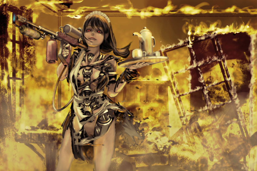 1girl black_hair burning commentary_request cup damaged evil_grin evil_smile fantasy fire flamethrower grin hair_between_eyes highres holding holding_weapon low_ponytail maid maid_headdress mecha mechanical_parts medium_hair military pale_skin red_eyes robot scenery science_fiction smile solo tagme tea_set teacup torn_clothes weapon www_(201548)