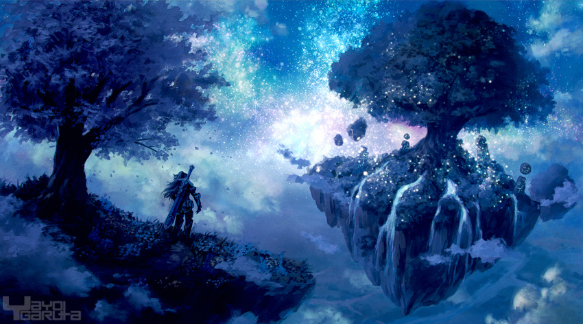 1girl blonde_hair clouds fantasy floating_island flower garutaisa greatsword night night_sky original outdoors ponytail scabbard scenery sheath sheathed signature sky solo star_(sky) starry_sky tree water