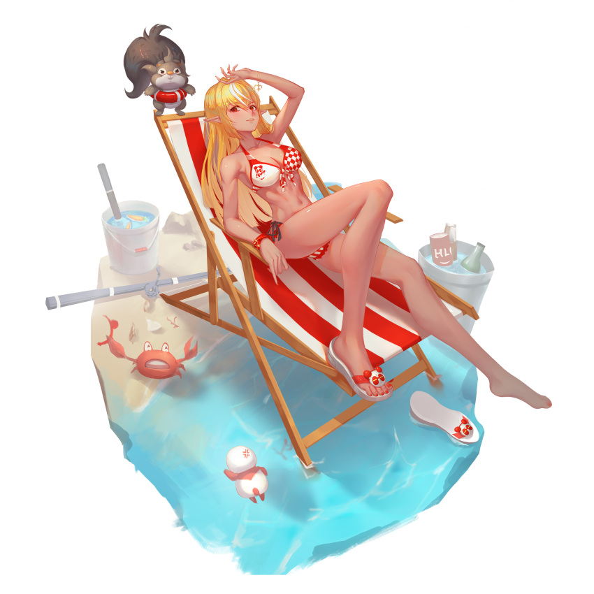 1girl barefoot beach beach_chair bikini blonde_hair bottle bracelet bucket can crab drink fishing_rod flare hand_on_head highres hololive ice_bucket jewelry long_hair longcegz multicolored multicolored_bikini multicolored_clothes pointy_ears red_bikini red_eyes sand sandals shiranui_flare single_sandal squirrel swimsuit toenail_polish virtual_youtuber water