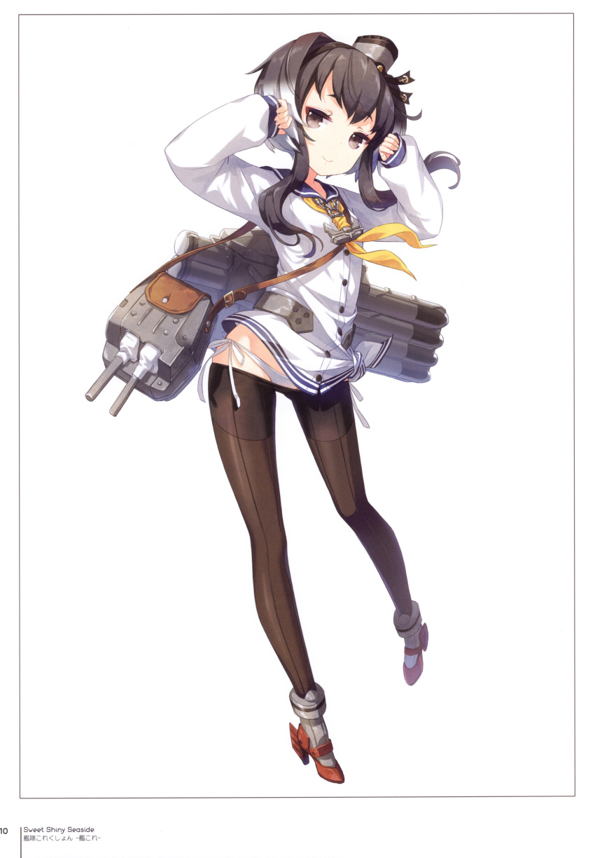 1girl absurdres ankle_boots arms_up black_eyes black_hair black_legwear boots buttons closed_mouth dress gradient gradient_hair h2so4 hair_flaps hat high_heel_boots high_heels highres kantai_collection long_sleeves looking_at_viewer lowleg lowleg_pantyhose machinery mini_hat multicolored_hair page_number panties panties_under_pantyhose pantyhose sailor_collar sailor_dress scan school_uniform seamed_legwear serafuku short_hair short_hair_with_long_locks side-seamed_legwear side-tie_panties simple_background sleeves_past_wrists smile solo string_panties tokitsukaze_(kantai_collection) torpedo turret two-tone_hair underwear white_background