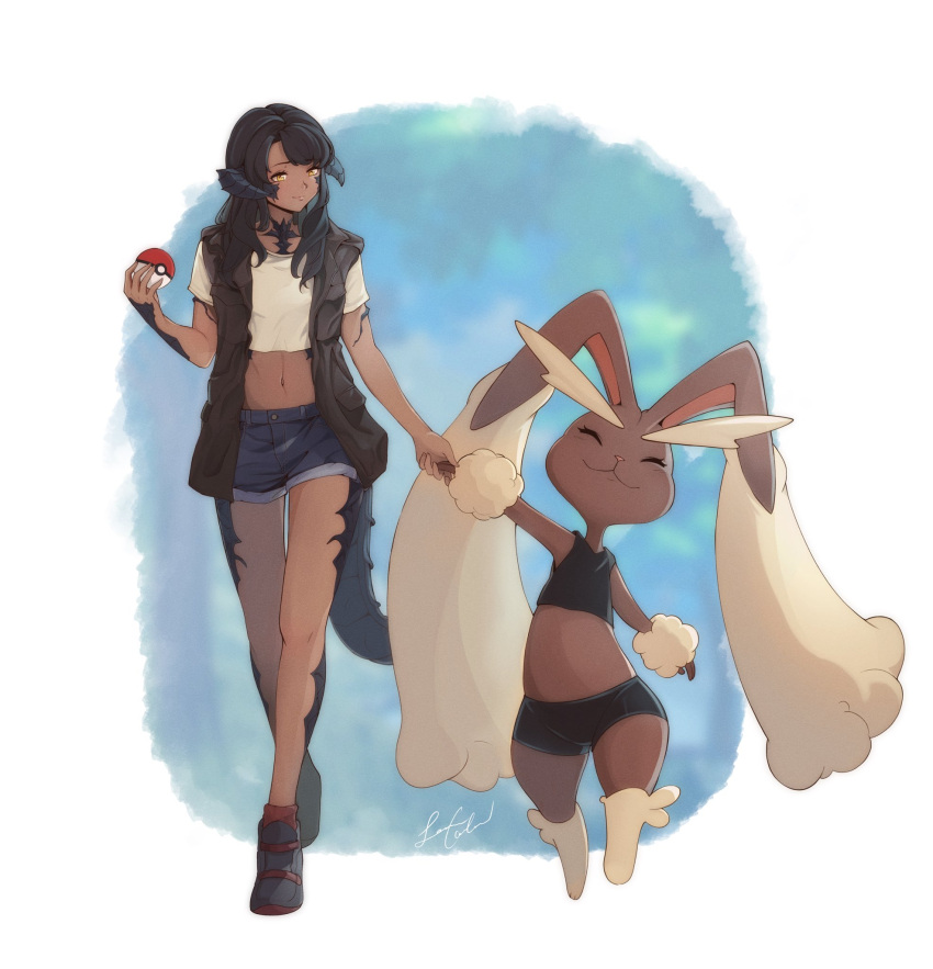 1girl animal_nose au_ra bangs black_hair black_horns brown_eyes brown_fur commission crop_top crossover dark_skin dragon_horns dragon_tail eyebrows_visible_through_hair final_fantasy final_fantasy_xiv gen_4_pokemon highres holding holding_hands holding_poke_ball horns jacket long_hair lopunny midriff navel open_clothes open_jacket poke_ball poke_ball_(basic) pokemon pokemon_(creature) pokemon_(game) pokemon_dppt scales senacolada shorts smile solo tail