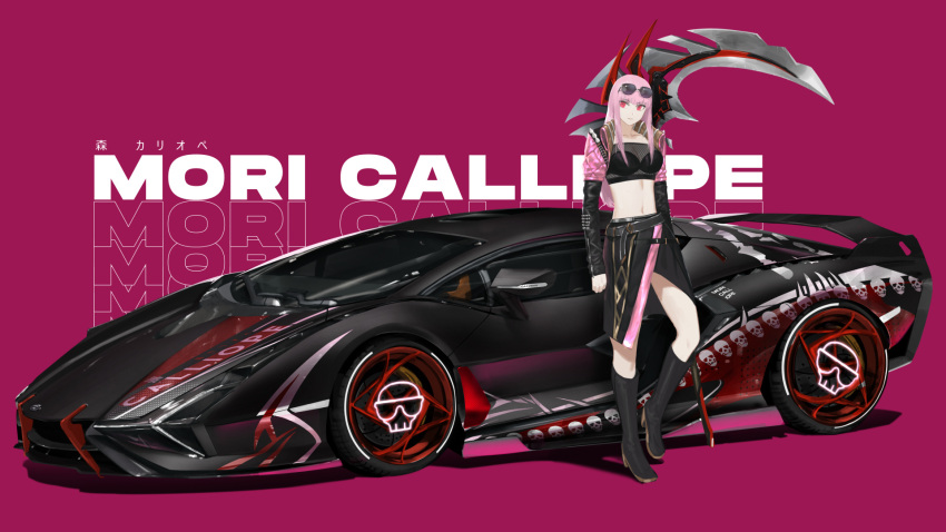 1girl bangs car character_name death-sensei_(mori_calliope) english_commentary ex-trident eyewear_on_head ground_vehicle highres hololive hololive_english lamborghini long_hair looking_to_the_side midriff mori_calliope motor_vehicle navel pink_eyes pink_hair sunglasses vehicle_focus