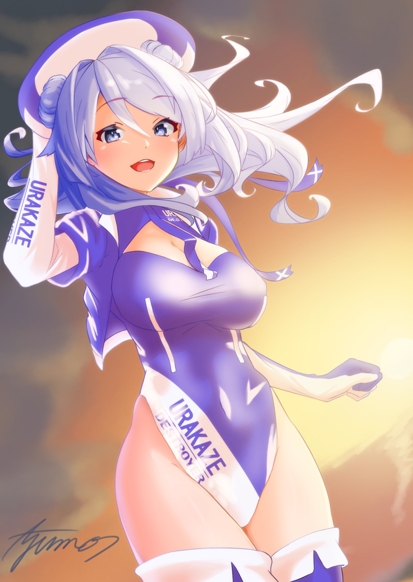 1girl ayuman blue_eyes blue_hair breasts character_name clothes_writing commentary_request cowboy_shot crop_top double_bun elbow_gloves gloves hat highres kantai_collection leotard looking_at_viewer medium_breasts multicolored multicolored_clothes multicolored_gloves purple_headwear purple_legwear purple_leotard racequeen sailor_hat signature solo sunset thigh-highs two-tone_leotard urakaze_(kantai_collection)