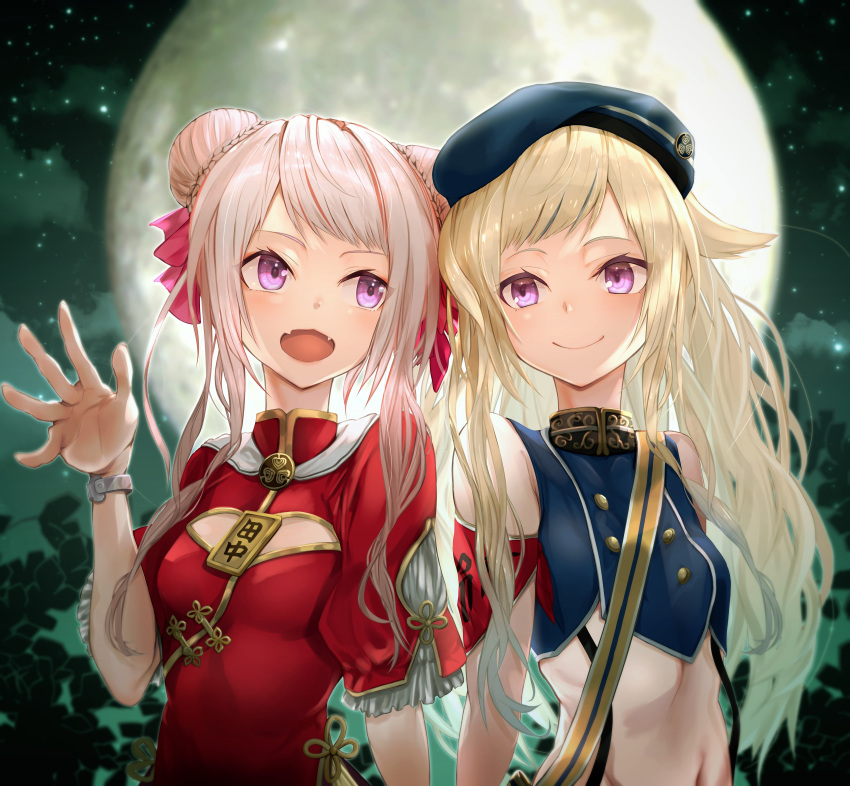 2girls :d absurdres animal_ears armband bangs bare_shoulders beret blonde_hair blue_headwear blurry blurry_background breasts china_dress chinese_clothes closed_mouth commentary_request crop_top double_bun dress fangs fugutai_ten full_moon hair_ribbon hand_up hat highres himehina_channel long_hair moon multicolored_hair multiple_girls navel night open_mouth outdoors pink_hair red_dress ribbon short_sleeves silver_hair sky sleeveless small_breasts smile star_(sky) starry_sky suzuki_hina tanaka_hime twintails upper_body violet_eyes virtual_youtuber watch watch wrist_cuffs