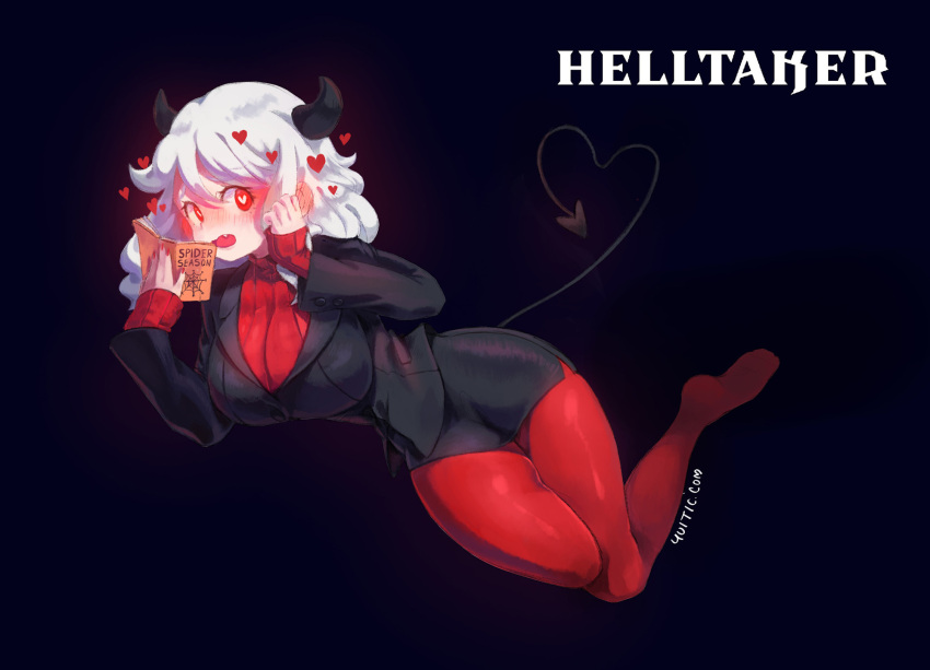 1girl black_background blush book breasts copyright_name demon_tail fang floating heart helltaker highres holding holding_book large_breasts looking_to_the_side modeus_(helltaker) red_eyes solo tail white_hair yui35