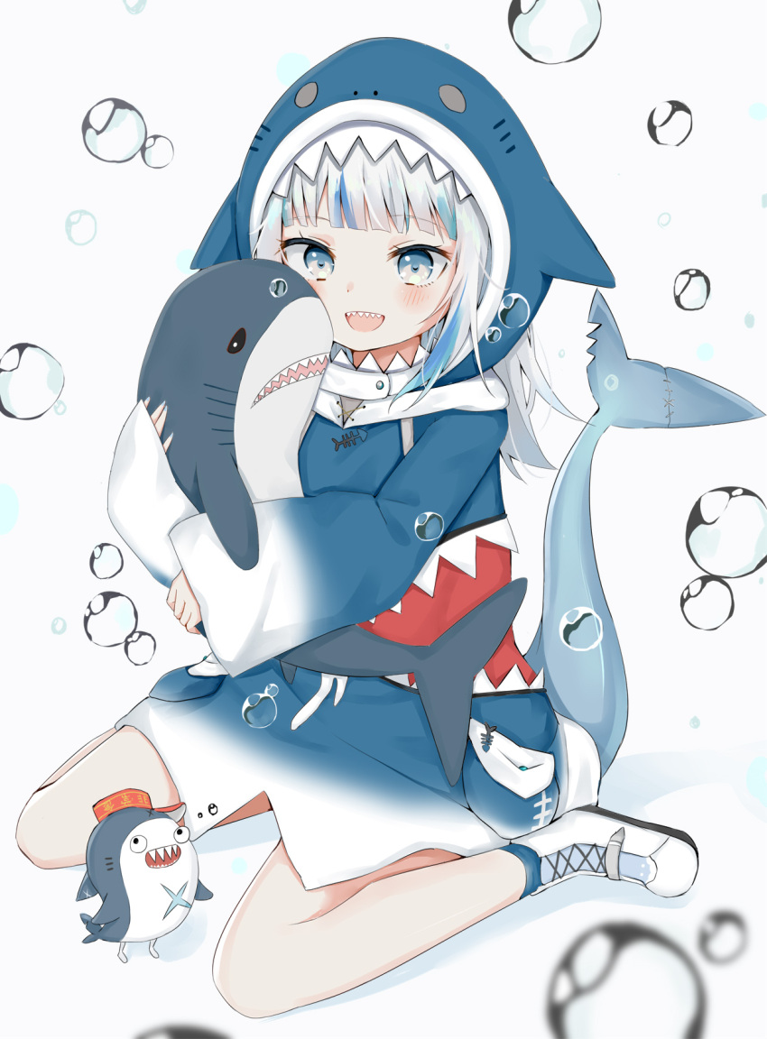 1girl :d animal_hood bangs blood blue_eyes blue_hair blue_hoodie blue_legwear blush boots bubble commentary drawstring eyebrows_visible_through_hair fish_tail full_body gawr_gura highres hololive hololive_english hood hood_up hoodie looking_at_viewer multicolored_hair object_hug open_mouth shark_hood shark_tail sharp_teeth silver_hair sitting smile socks streaked_hair stuffed_animal stuffed_shark stuffed_toy swon_(joy200892) tail teeth virtual_youtuber wariza white_background white_footwear