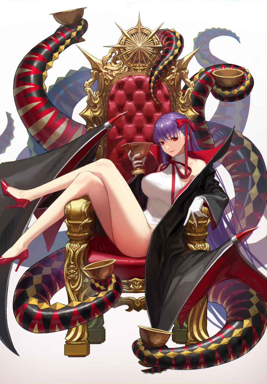 1girl bb_(fate)_(all) bb_(swimsuit_mooncancer)_(fate) black_coat breasts chalice coat commentary_request fate/grand_order fate_(series) full_body gloves high_heels highleg highleg_leotard highres large_breasts leotard long_hair looking_at_viewer popped_collar purple_hair red_footwear red_ribbon ribbon sitting solo tentacles violet_eyes white_gloves white_leotard zonotaida