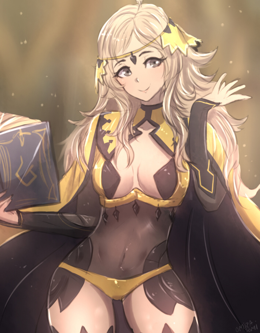 1girl ahoge blonde_hair book breasts cape circlet closed_mouth covered_navel fire_emblem fire_emblem_heroes grey_eyes highres long_hair looking_at_viewer medium_breasts omiza_somi ophelia_(fire_emblem) revealing_clothes simple_background smile solo