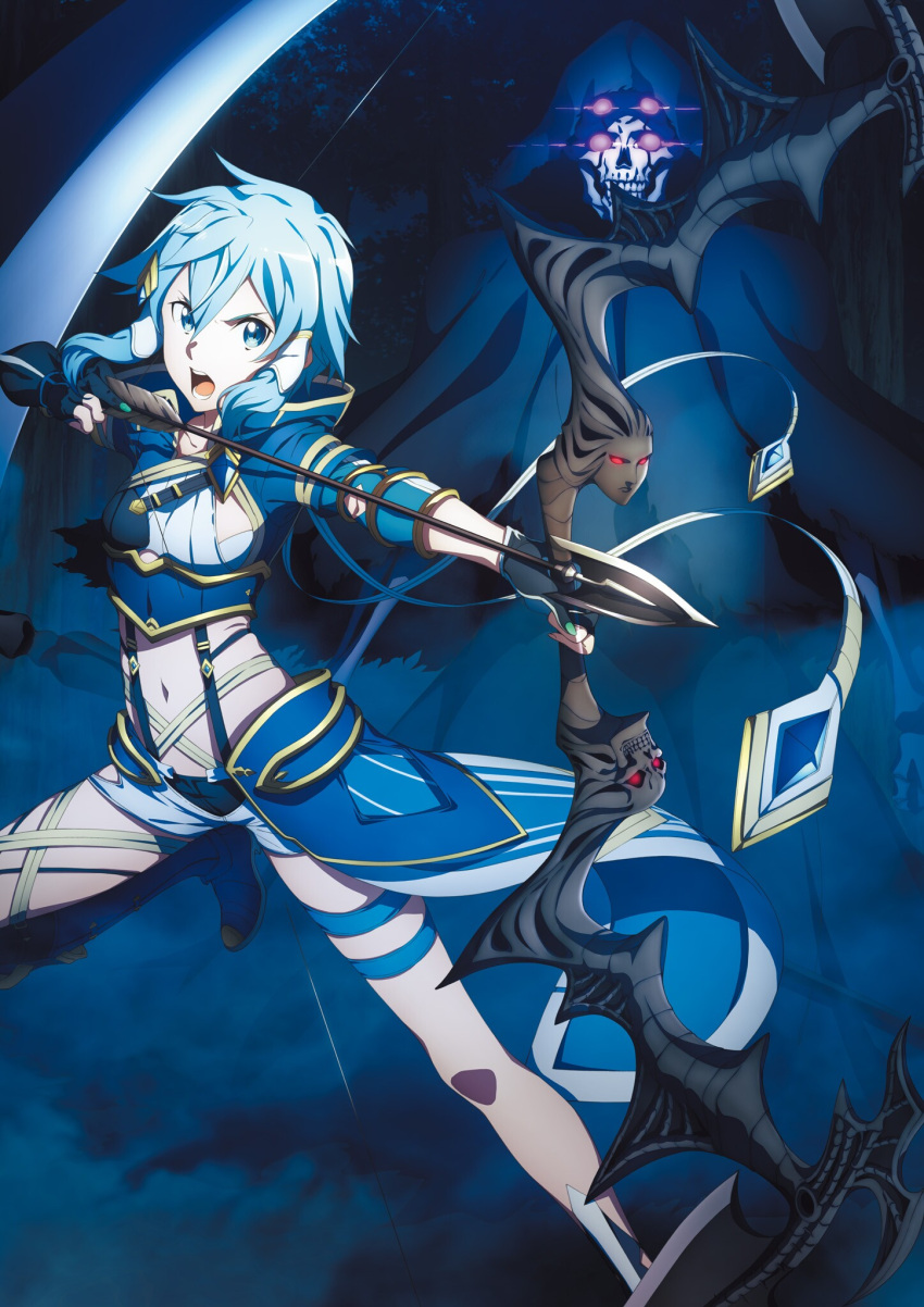 1boy 1girl arrow_(projectile) asymmetrical_clothes bangs black_gloves black_panties blue_eyes blue_hair bow_(weapon) faulds fingerless_gloves floating_hair forest gloves hair_between_eyes hair_tubes highres holding holding_arrow holding_bow_(weapon) holding_weapon leg_up looking_at_viewer midriff nature navel night official_art open_mouth panties red_eyes short_hair_with_long_locks short_shorts shorts sidelocks sinon_(solus) stomach sword_art_online sword_art_online:_alicization underwear v-shaped_eyebrows v_arms weapon white_shorts