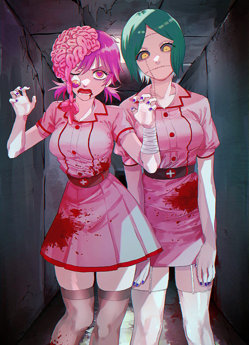 2girls 4chi belt blood blood_splatter brain breasts chainsaw_man feet_out_of_frame green_eyes grey_legwear grey_sclera hands_up heart heart-shaped_pupils highres large_breasts multiple_girls open_mouth pink_hair pink_shirt pink_skirt pleated_skirt purple_nails quanxi's_group_(chainsaw_man) scarf shirt short_sleeves skirt symbol-shaped_pupils thigh-highs white_legwear yellow_eyes