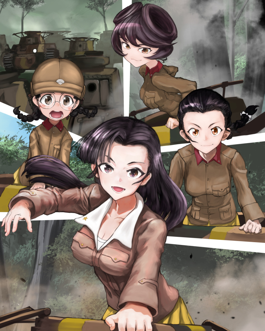 4girls alternate_eye_color arm_support asymmetrical_bangs bangs black_hair braid brown_eyes brown_hair brown_headwear brown_jacket chi-hatan_military_uniform closed_mouth commentary_request commission day frown fukuda_(girls_und_panzer) girls_und_panzer ground_vehicle hair_pulled_back hair_ribbon hair_rings helmet highres hosomi_(girls_und_panzer) jacket kana_hebi7 leaning_forward long_hair long_sleeves looking_at_viewer military military_uniform military_vehicle motor_vehicle multiple_girls nishi_kinuyo open_mouth outdoors outside_border partial_commentary pleated_skirt ribbon shirt short_hair single_braid skeb_commission skirt smile star_(symbol) straight_hair tamada_(girls_und_panzer) tank twin_braids twintails type_95_ha-gou type_97_chi-ha uniform white_ribbon white_shirt yellow_skirt