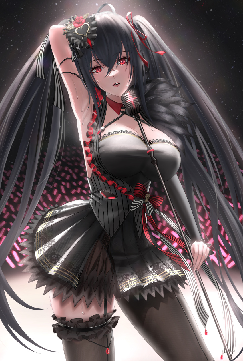 absurdres ahoge azur_lane bangs black_dress black_hair black_legwear black_skirt breasts crossed_bangs dress elbow_sleeve garter_straps hair_between_eyes hair_ornament hair_ribbon highres holding holding_microphone_stand idol large_breasts light_stick microphone_stand parted_lips red_eyes red_ribbon ribbon single_thighhigh skirt sweat taihou_(azur_lane) taihou_(muse)_(azur_lane) thigh-highs twintails you_(yoyou)