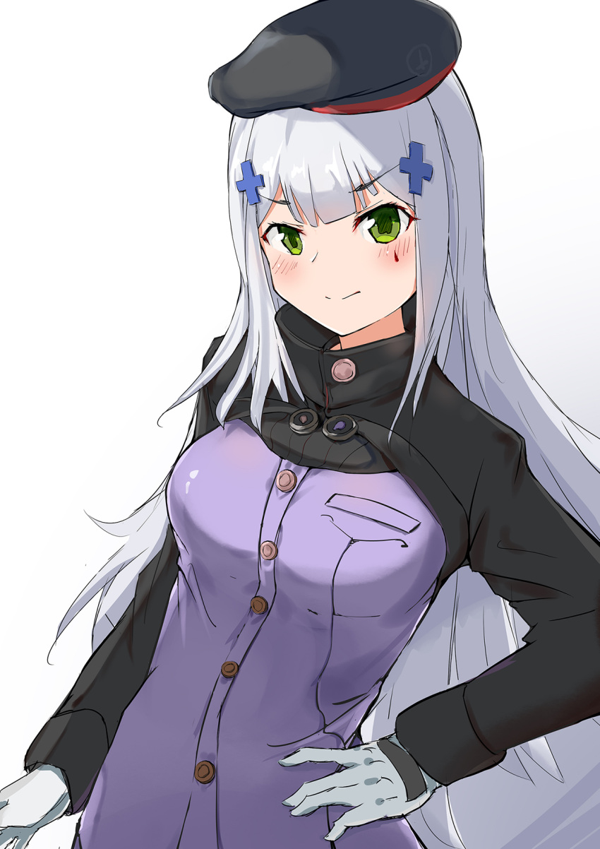 1girl beret blush breasts closed_mouth eyebrows_visible_through_hair girls_frontline gloves green_eyes hand_on_hip hat highres hk416_(girls_frontline) long_hair looking_at_viewer medium_breasts rosehip_t72 silver_hair smile solo uniform white_background white_gloves