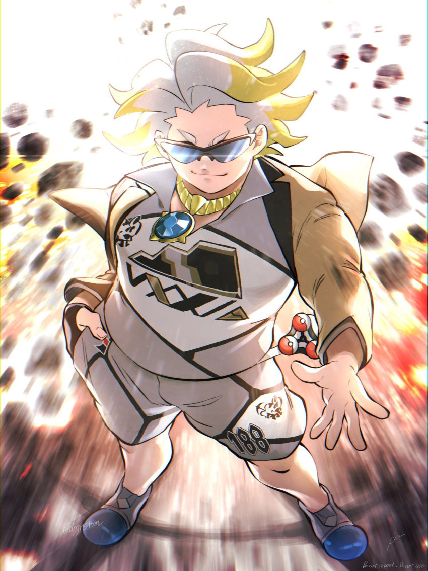 1boy black-framed_eyewear brown_jacket closed_mouth collared_shirt commentary fingernails full_body gloves gordie_(pokemon) grey_shirt grey_shorts gym_leader hand_in_pocket highres jacket jewelry legs_apart male_focus multicolored_hair necklace number paa_(drgnstom) partially_fingerless_gloves pokemon pokemon_(game) pokemon_swsh rock shirt shoes shorts single_glove smile solo spread_fingers standing sunglasses two-tone_hair watermark